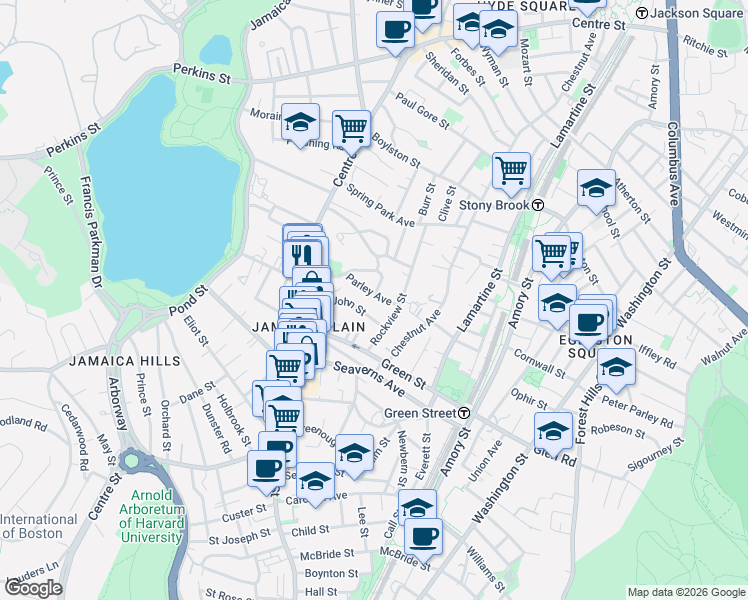 map of restaurants, bars, coffee shops, grocery stores, and more near 45 Parley Avenue in Boston