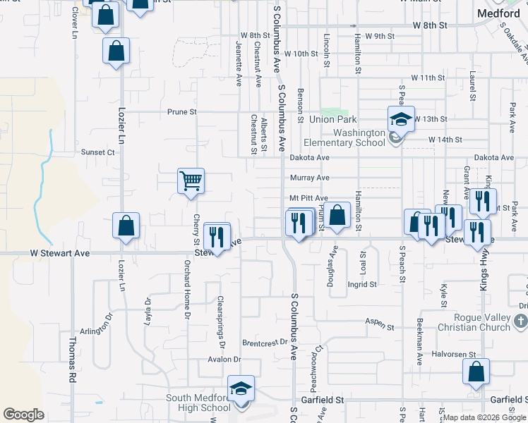map of restaurants, bars, coffee shops, grocery stores, and more near in Medford