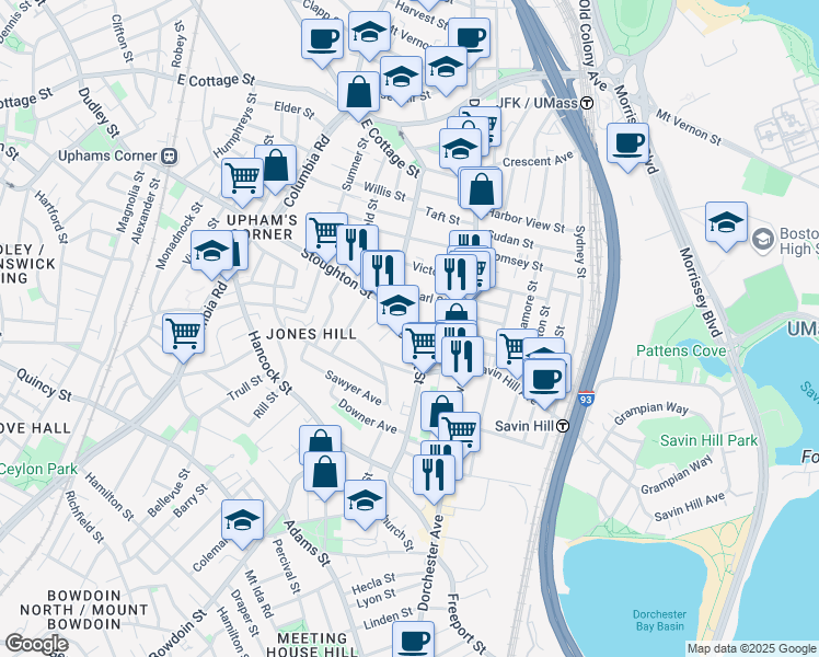 map of restaurants, bars, coffee shops, grocery stores, and more near 75 Pleasant Street in Boston