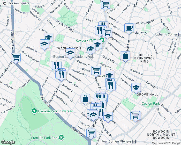 map of restaurants, bars, coffee shops, grocery stores, and more near 16 Waumbeck Street in Boston