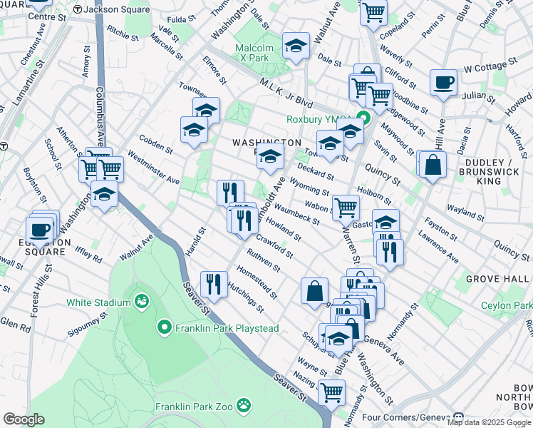 map of restaurants, bars, coffee shops, grocery stores, and more near 88 Howland Street in Boston