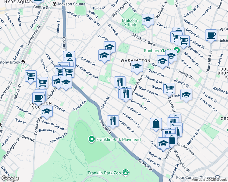 map of restaurants, bars, coffee shops, grocery stores, and more near 102 Crawford Street in Boston