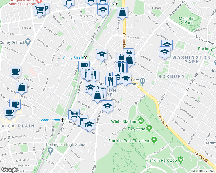 map of restaurants, bars, coffee shops, grocery stores, and more near 59 Haverford Street in Boston