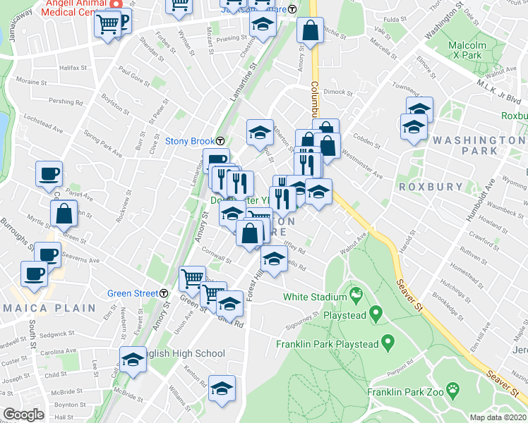 map of restaurants, bars, coffee shops, grocery stores, and more near 59 Haverford Street in Boston
