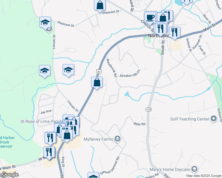 map of restaurants, bars, coffee shops, grocery stores, and more near 101 Cedar Hill Road in Northborough