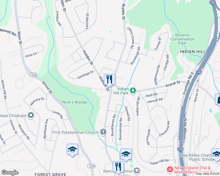 map of restaurants, bars, coffee shops, grocery stores, and more near 166 Holden Street in Worcester