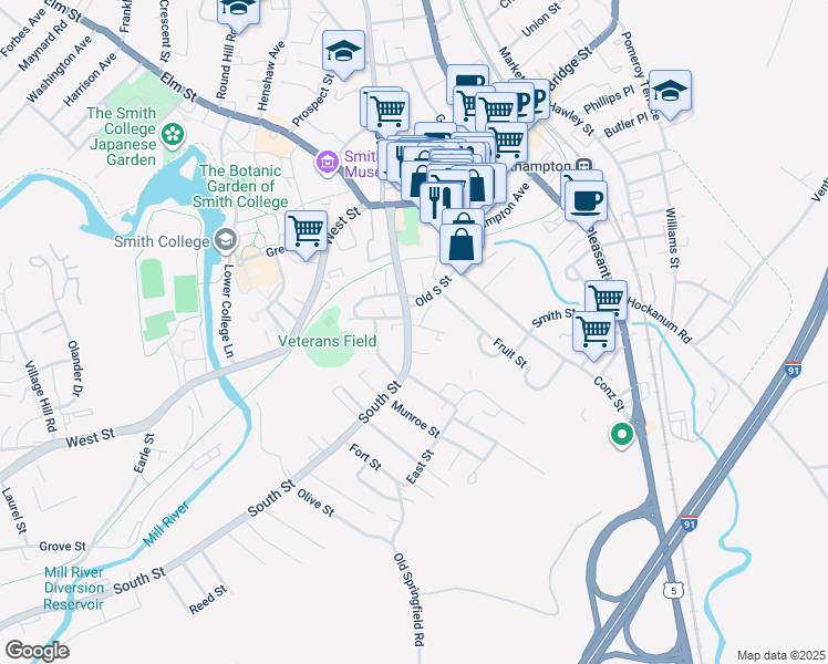 map of restaurants, bars, coffee shops, grocery stores, and more near 104 Massachusetts 10 in Northampton