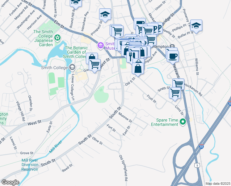 map of restaurants, bars, coffee shops, grocery stores, and more near 28 Fort Hill Terrace in Northampton