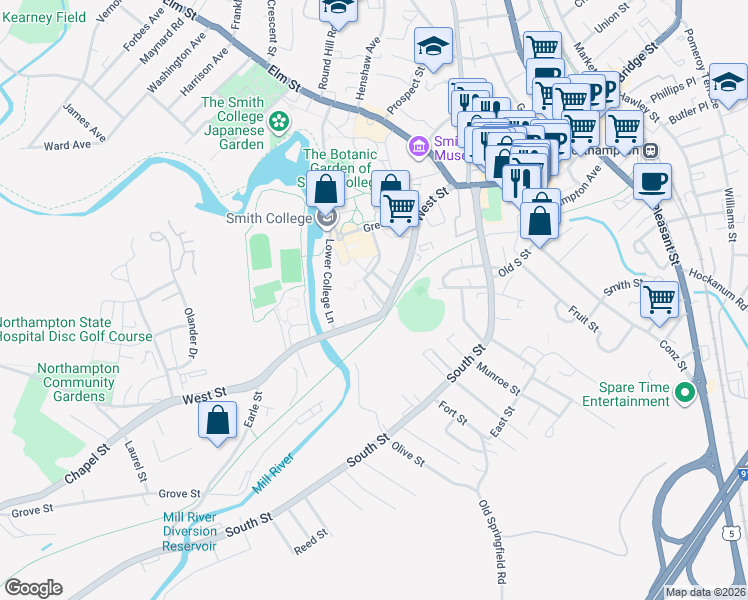 map of restaurants, bars, coffee shops, grocery stores, and more near 136 West Street in Northampton