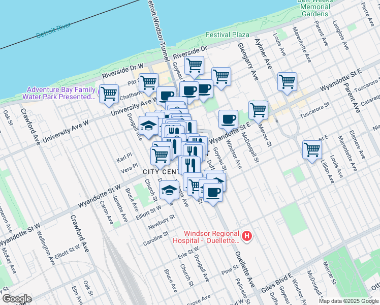 map of restaurants, bars, coffee shops, grocery stores, and more near in Windsor