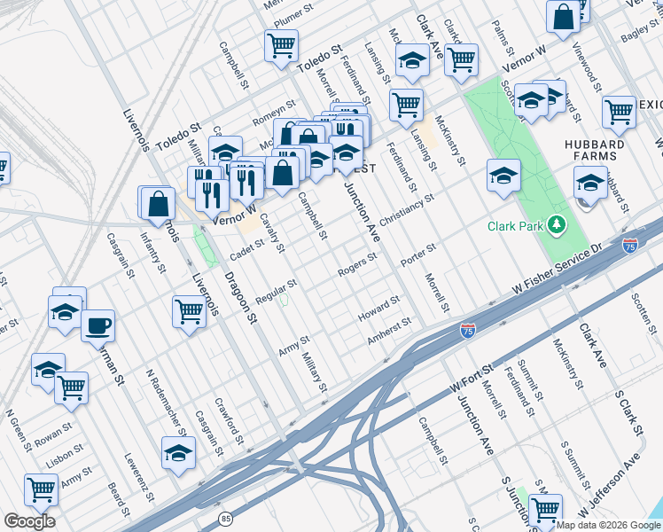 map of restaurants, bars, coffee shops, grocery stores, and more near 1429 Campbell Street in Detroit