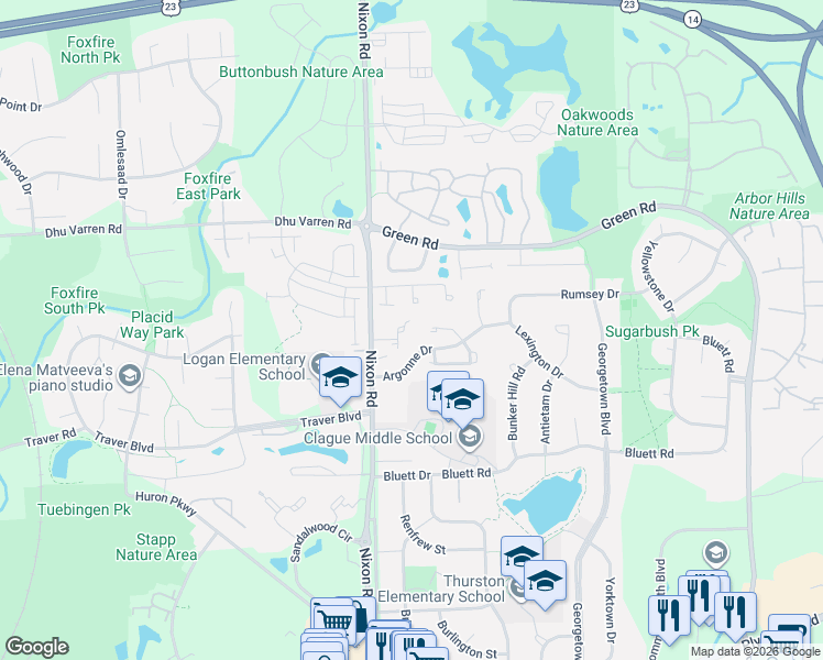 map of restaurants, bars, coffee shops, grocery stores, and more near 7 Westbury Court in Ann Arbor