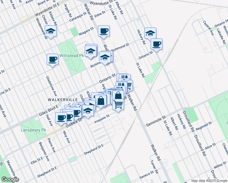 map of restaurants, bars, coffee shops, grocery stores, and more near 1278 Argyle Road in Windsor
