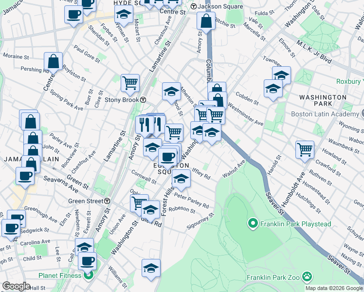 map of restaurants, bars, coffee shops, grocery stores, and more near 59 Haverford Street in Boston