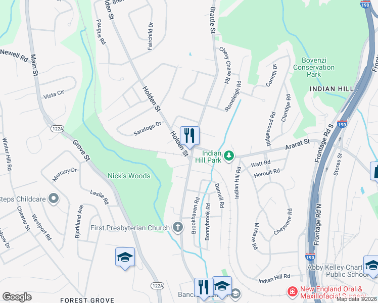 map of restaurants, bars, coffee shops, grocery stores, and more near 166 Holden Street in Worcester
