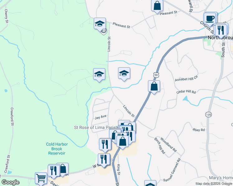 map of restaurants, bars, coffee shops, grocery stores, and more near 44 Lincoln Street in Northborough