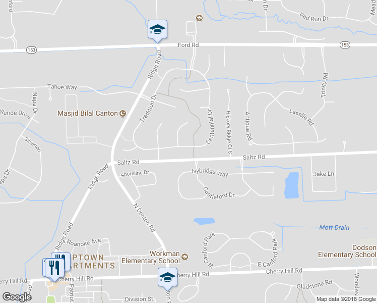 map of restaurants, bars, coffee shops, grocery stores, and more near 1366 Centennial Drive in Canton