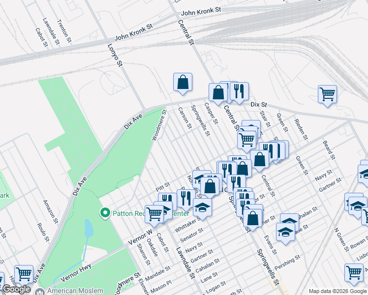 map of restaurants, bars, coffee shops, grocery stores, and more near 2581 Norman Street in Detroit