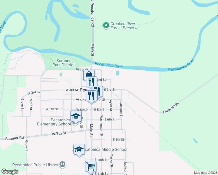 map of restaurants, bars, coffee shops, grocery stores, and more near 409 Taylor Street in Pecatonica