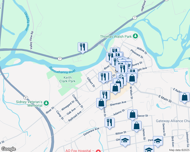 map of restaurants, bars, coffee shops, grocery stores, and more near River Street in Sidney