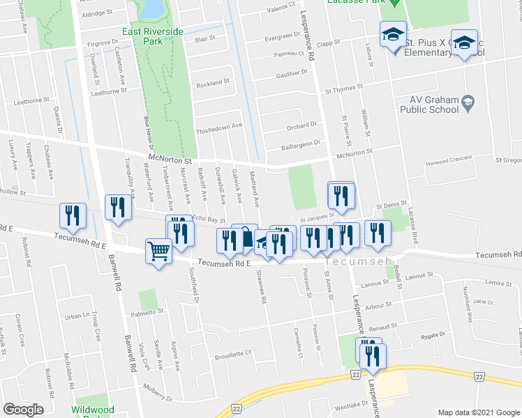 map of restaurants, bars, coffee shops, grocery stores, and more near 2606 Maitland Avenue in Windsor