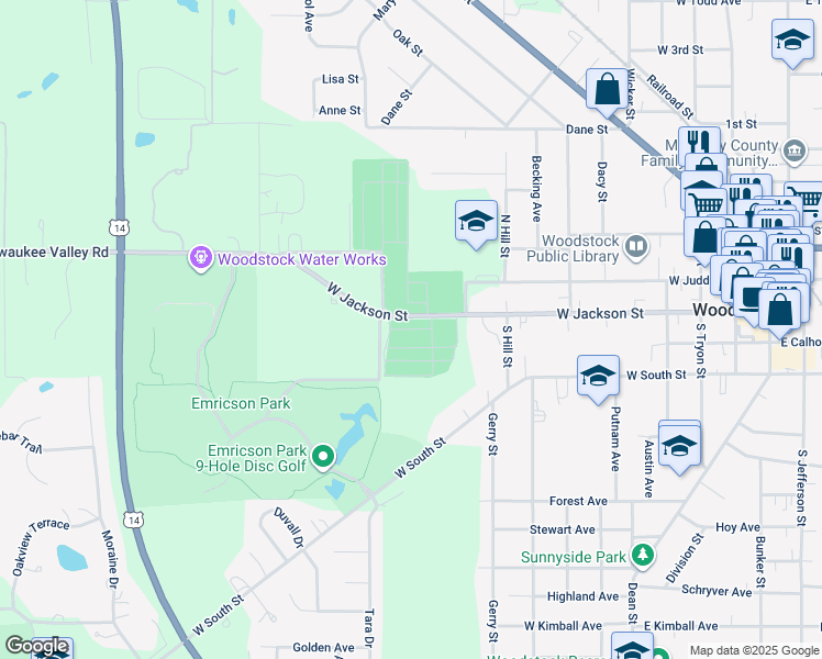 map of restaurants, bars, coffee shops, grocery stores, and more near O'Hara Drive in Woodstock