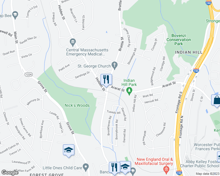 map of restaurants, bars, coffee shops, grocery stores, and more near 166 Holden Street in Worcester