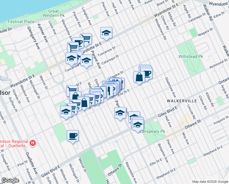 map of restaurants, bars, coffee shops, grocery stores, and more near 978 Parent Avenue in Windsor
