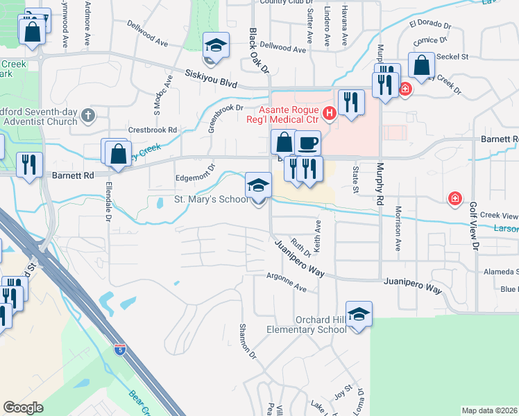 map of restaurants, bars, coffee shops, grocery stores, and more near 2633 Freedom Way in Medford