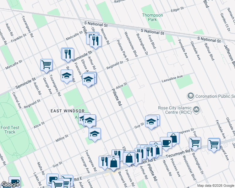 map of restaurants, bars, coffee shops, grocery stores, and more near in Windsor