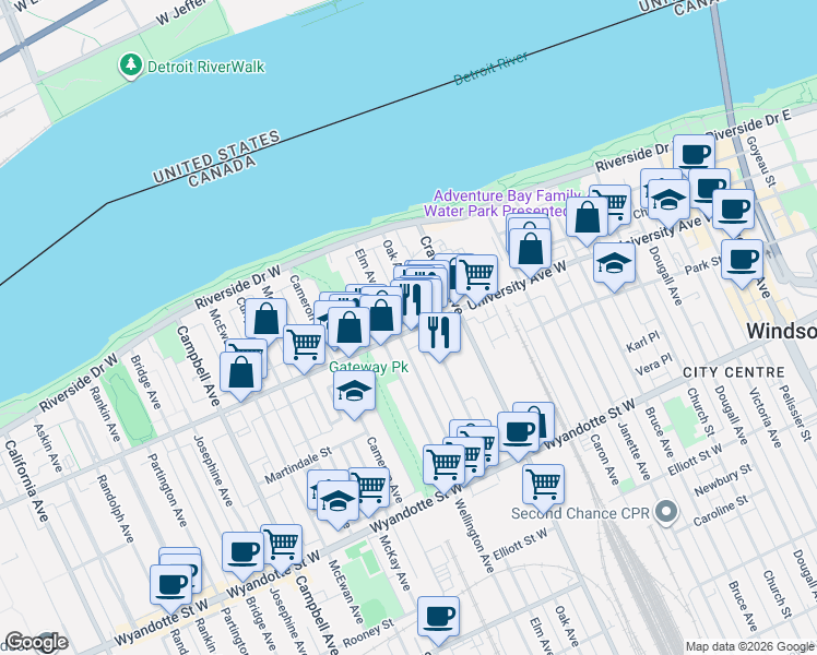 map of restaurants, bars, coffee shops, grocery stores, and more near 1041 University Avenue West in Windsor