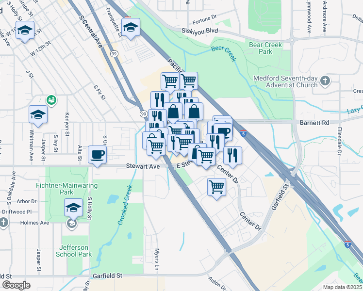 map of restaurants, bars, coffee shops, grocery stores, and more near 45 East Stewart Avenue in Medford