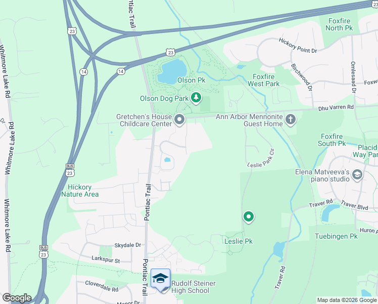 map of restaurants, bars, coffee shops, grocery stores, and more near 2704 South Knightsbridge Circle in Ann Arbor