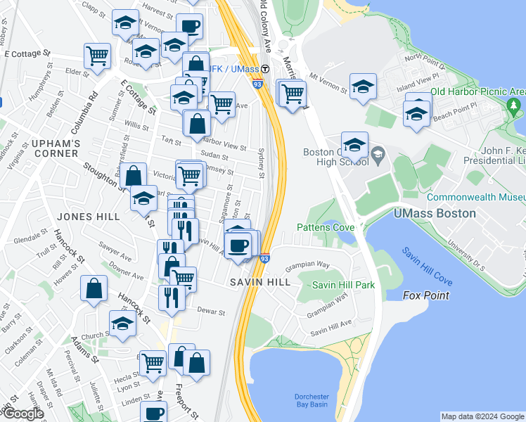 map of restaurants, bars, coffee shops, grocery stores, and more near 61 Sydney Street in Boston