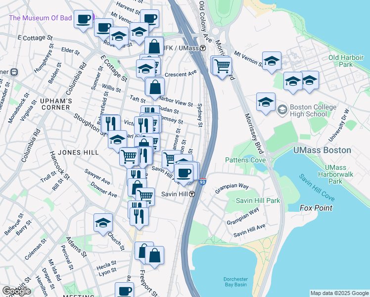 map of restaurants, bars, coffee shops, grocery stores, and more near 47 Tuttle Street in Boston