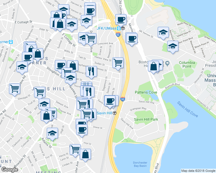 map of restaurants, bars, coffee shops, grocery stores, and more near 17 Sagamore Street in Boston