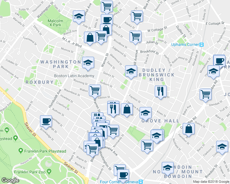 map of restaurants, bars, coffee shops, grocery stores, and more near 36 Gaston Street in Boston