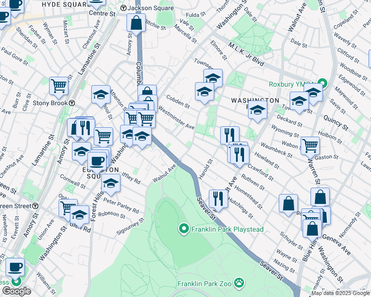 map of restaurants, bars, coffee shops, grocery stores, and more near 15 Homestead Street in Boston