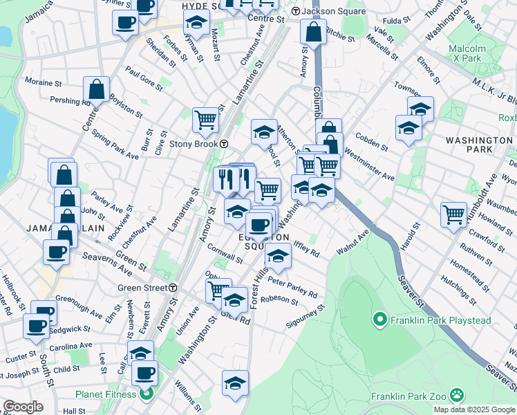 map of restaurants, bars, coffee shops, grocery stores, and more near 59 Haverford Street in Boston