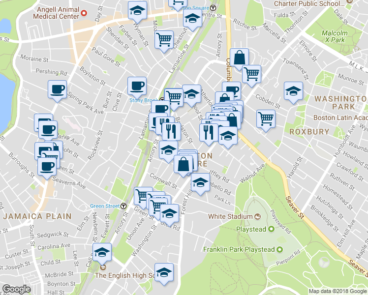 map of restaurants, bars, coffee shops, grocery stores, and more near 38 Brookside Avenue in Boston