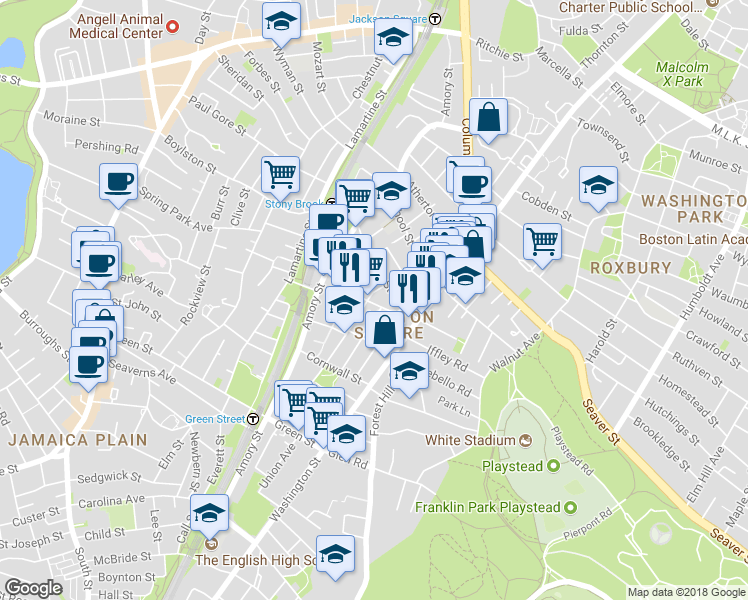 map of restaurants, bars, coffee shops, grocery stores, and more near 38 Brookside Avenue in Boston
