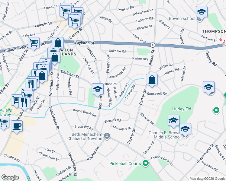 map of restaurants, bars, coffee shops, grocery stores, and more near 256 Woodcliff Road in Newton