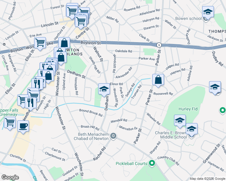 map of restaurants, bars, coffee shops, grocery stores, and more near 256 Woodcliff Road in Newton