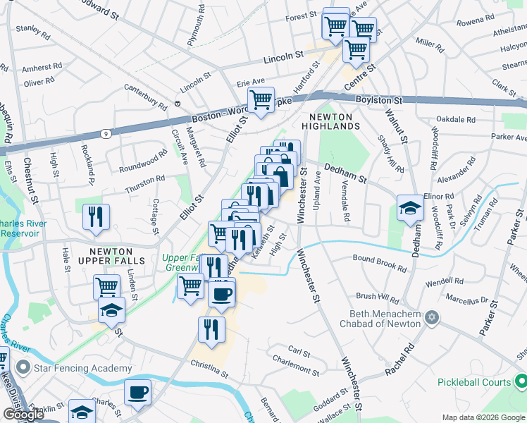 map of restaurants, bars, coffee shops, grocery stores, and more near 49 Winchester Street in Newton