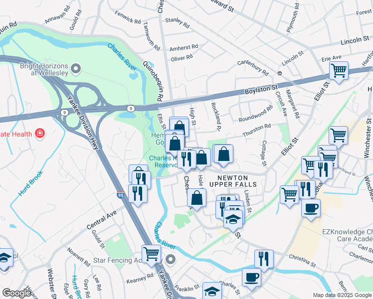 map of restaurants, bars, coffee shops, grocery stores, and more near 1046 Chestnut Street in Newton