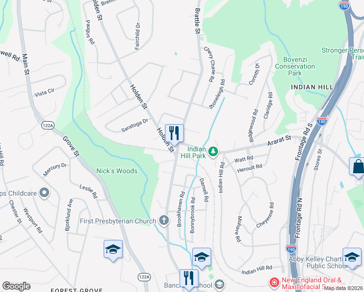 map of restaurants, bars, coffee shops, grocery stores, and more near 166 Holden Street in Worcester