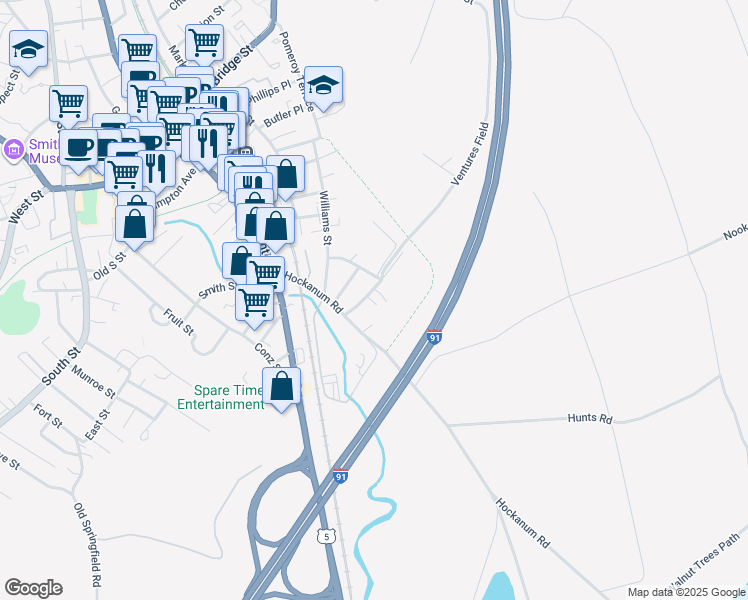 map of restaurants, bars, coffee shops, grocery stores, and more near 88 Hockanum Road in Northampton