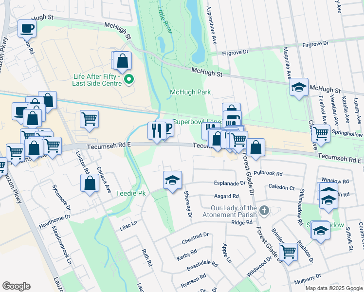 map of restaurants, bars, coffee shops, grocery stores, and more near 9553 Tecumseh Road East in Windsor