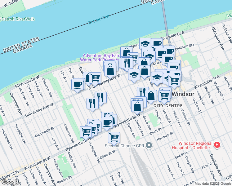 map of restaurants, bars, coffee shops, grocery stores, and more near 453 Caron Avenue in Windsor