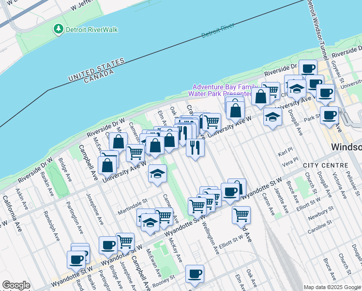 map of restaurants, bars, coffee shops, grocery stores, and more near 1041 University Avenue West in Windsor
